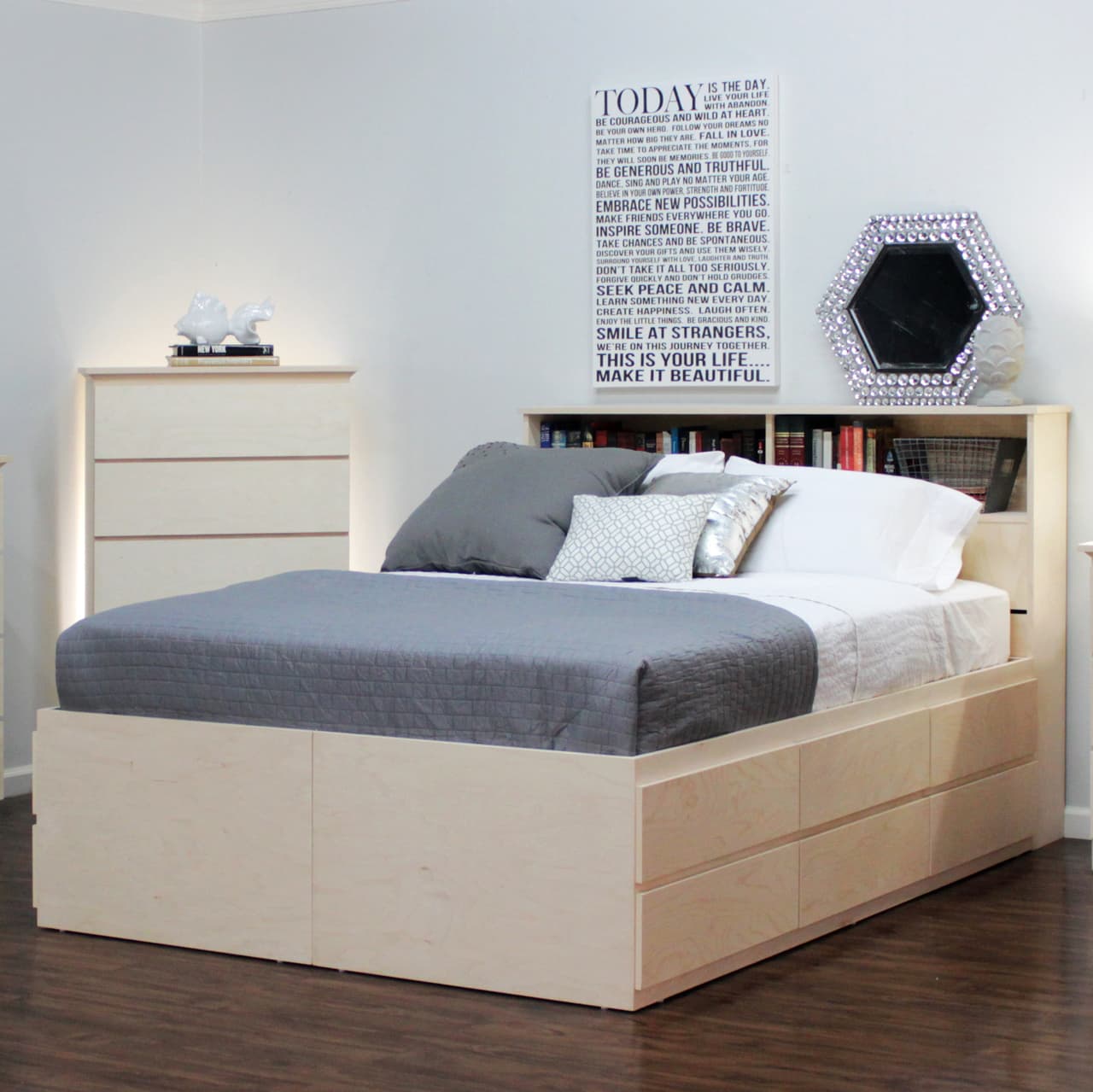 single wooden bed with drawers underneath